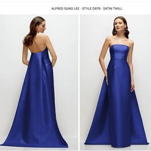 ALFRED SUNG Strapless Satin Column Maxi Dress w/removable Train Cobalt Blue NWT